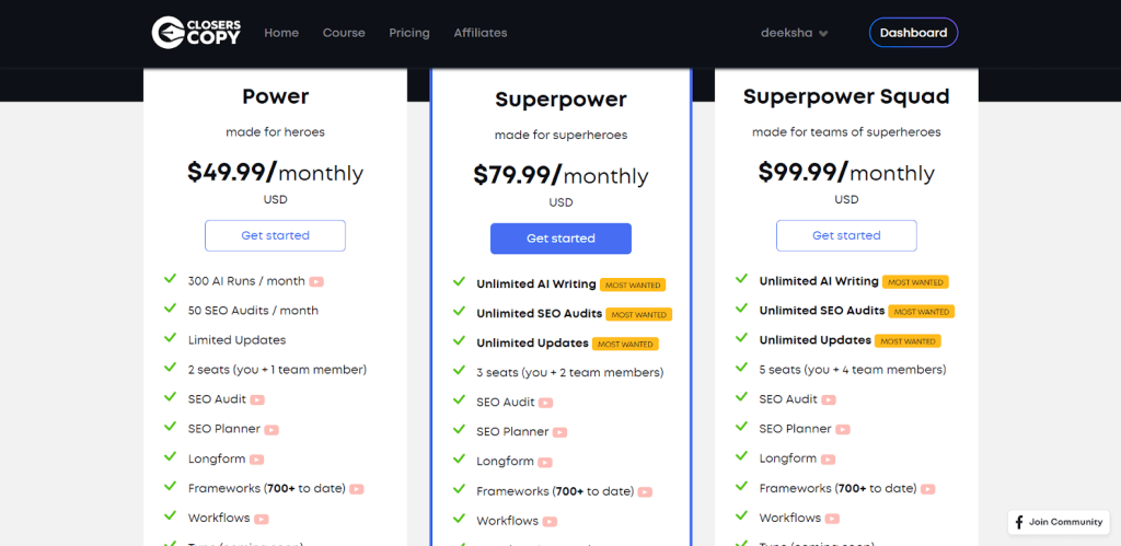 Closer copy Pricing