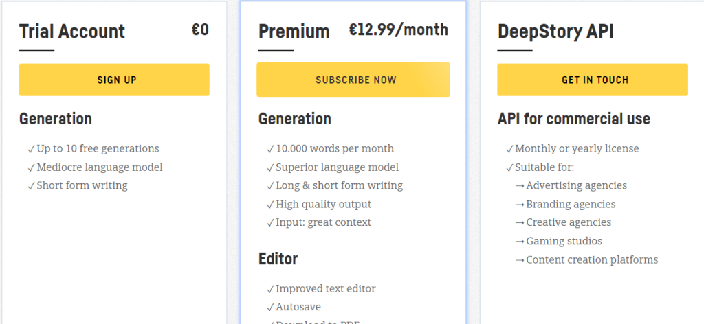 DeepStory Pricing Page DeepStory Pricing Page