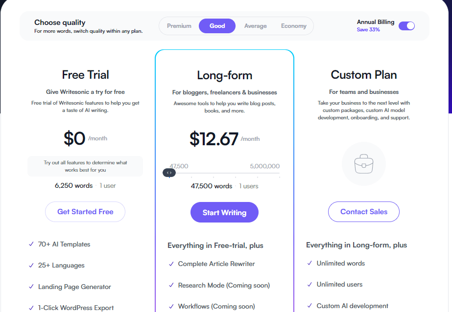 Writesonic Pricing Page Writesonic Pricing Page